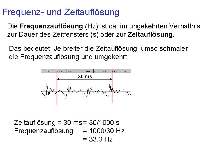 Frequenz- und Zeitauflösung Die Frequenzauflösung (Hz) ist ca. im ungekehrten Verhältnis zur Dauer des