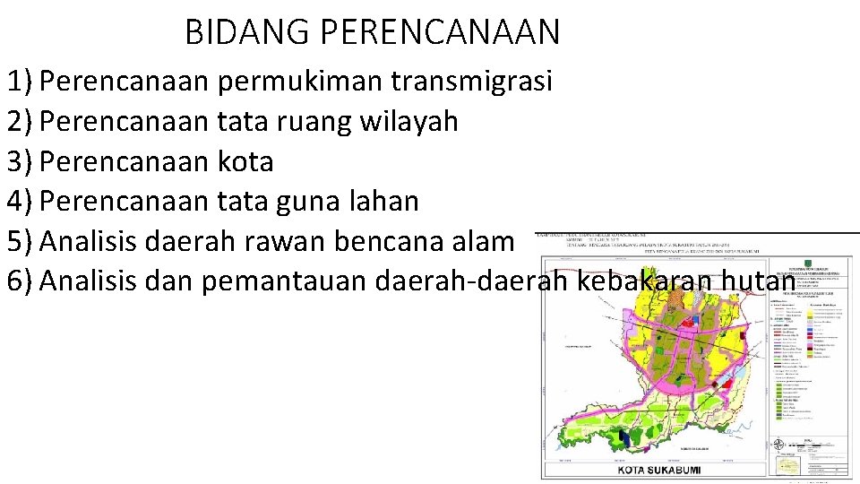 BIDANG PERENCANAAN 1) Perencanaan permukiman transmigrasi 2) Perencanaan tata ruang wilayah 3) Perencanaan kota