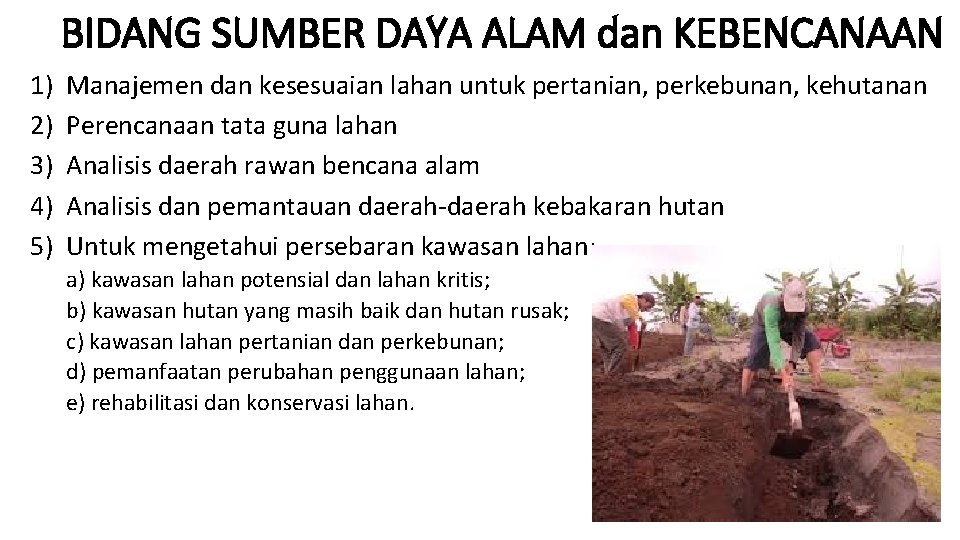 BIDANG SUMBER DAYA ALAM dan KEBENCANAAN 1) 2) 3) 4) 5) Manajemen dan kesesuaian