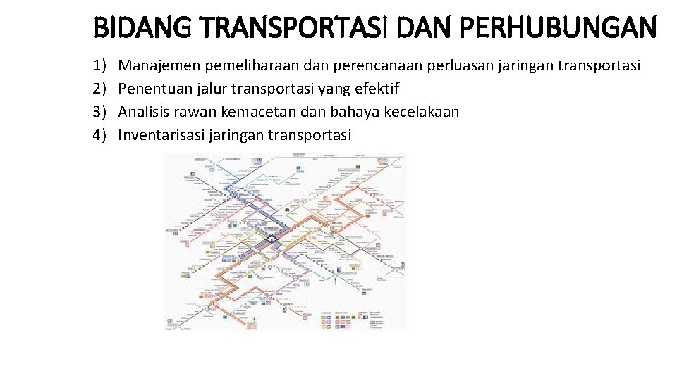 BIDANG TRANSPORTASI DAN PERHUBUNGAN 1) 2) 3) 4) Manajemen pemeliharaan dan perencanaan perluasan jaringan