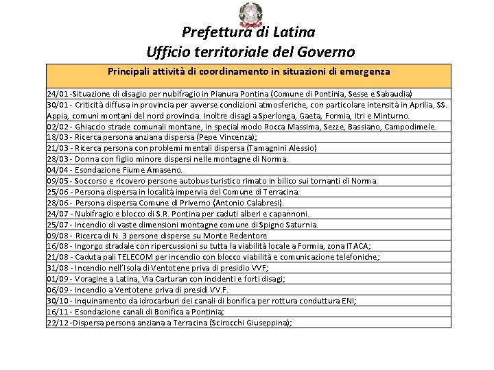 Prefettura di Latina Ufficio territoriale del Governo Principali attività di coordinamento in situazioni di