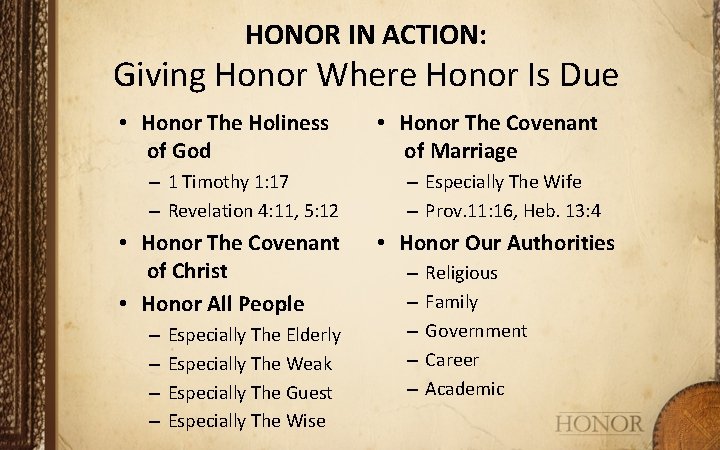 HONOR IN ACTION: Giving Honor Where Honor Is Due • Honor The Holiness of