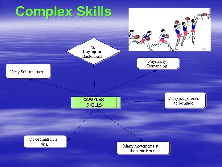 Complex Skills e. g. Lay-up in Basketball Physically Demanding Many Sub-routines Many judgements to