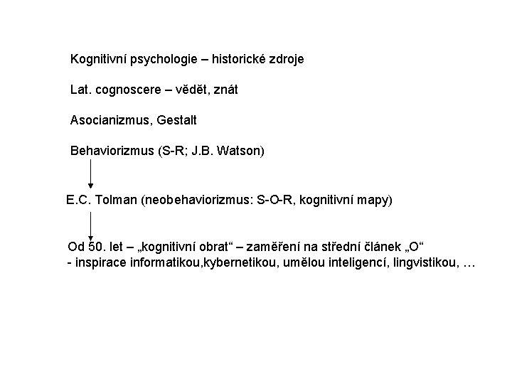 Kognitivní psychologie – historické zdroje Lat. cognoscere – vědět, znát Asocianizmus, Gestalt Behaviorizmus (S-R;