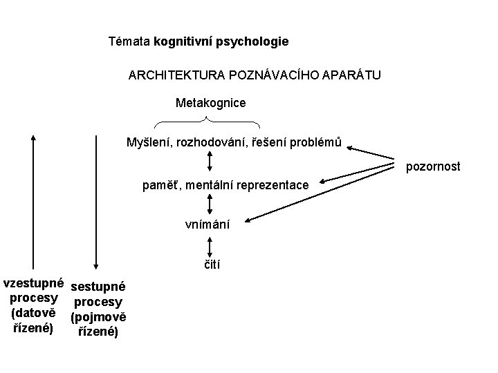 Témata kognitivní psychologie ARCHITEKTURA POZNÁVACÍHO APARÁTU Metakognice Myšlení, rozhodování, řešení problémů pozornost paměť, mentální