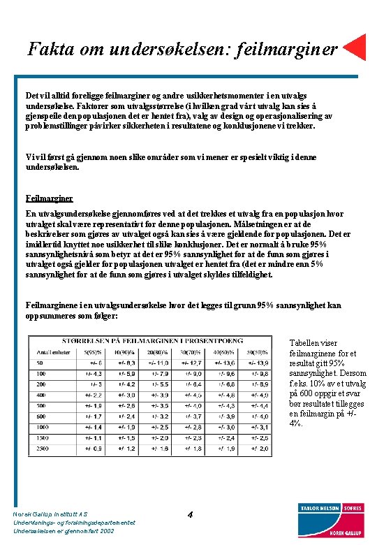 Fakta om undersøkelsen: feilmarginer Det vil alltid foreligge feilmarginer og andre usikkerhetsmomenter i en