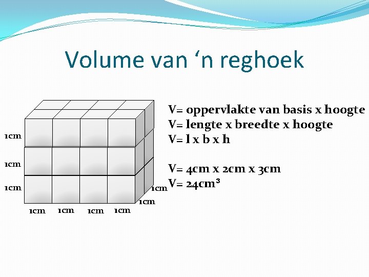 Volume van ‘n reghoek V= oppervlakte van basis x hoogte V= lengte x breedte