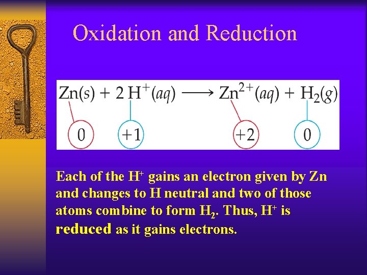 Oxidation and Reduction Each of the H+ gains an electron given by Zn and