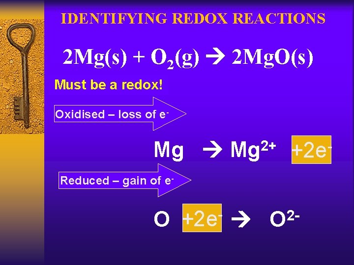 IDENTIFYING REDOX REACTIONS 2 Mg(s) + O 2(g) 2 Mg. O(s) Must be a