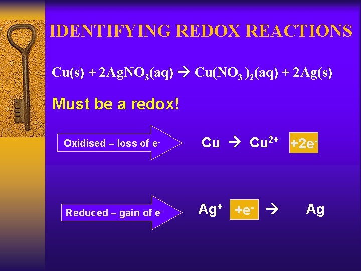 IDENTIFYING REDOX REACTIONS Cu(s) + 2 Ag. NO 3(aq) Cu(NO 3 )2(aq) + 2