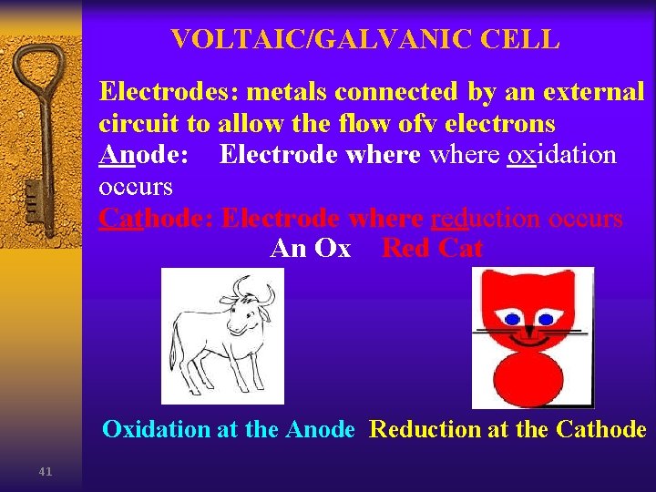 VOLTAIC/GALVANIC CELL Electrodes: metals connected by an external circuit to allow the flow ofv