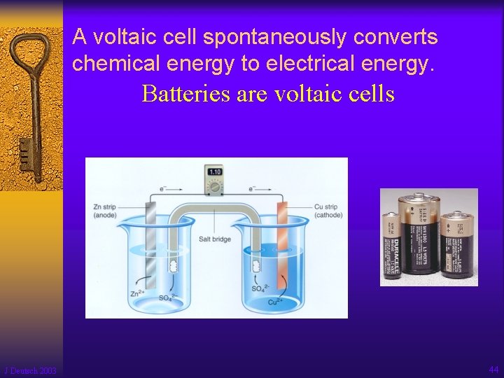 A voltaic cell spontaneously converts chemical energy to electrical energy. Batteries are voltaic cells