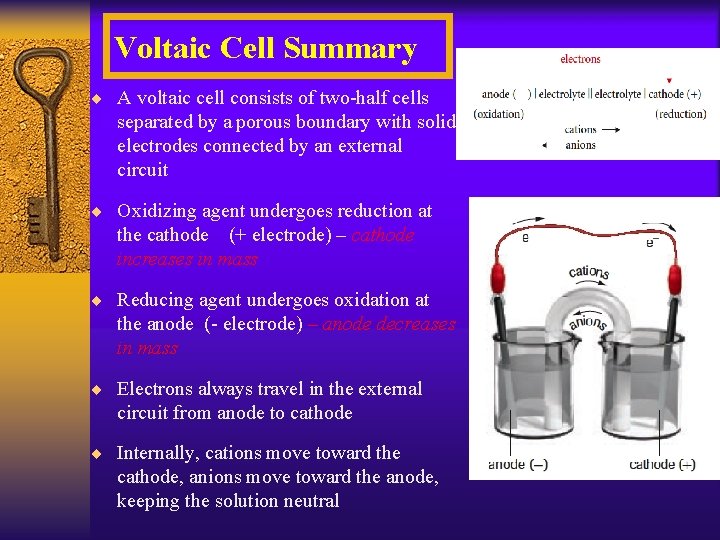 Voltaic Cell Summary ¨ A voltaic cell consists of two-half cells separated by a