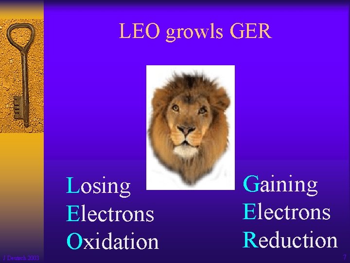 LEO growls GER Losing Electrons Oxidation J Deutsch 2003 Gaining Electrons Reduction 7 