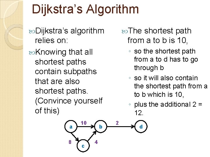 Dijkstra’s Algorithm Dijkstra’s algorithm The shortest path from a to b is 10, relies