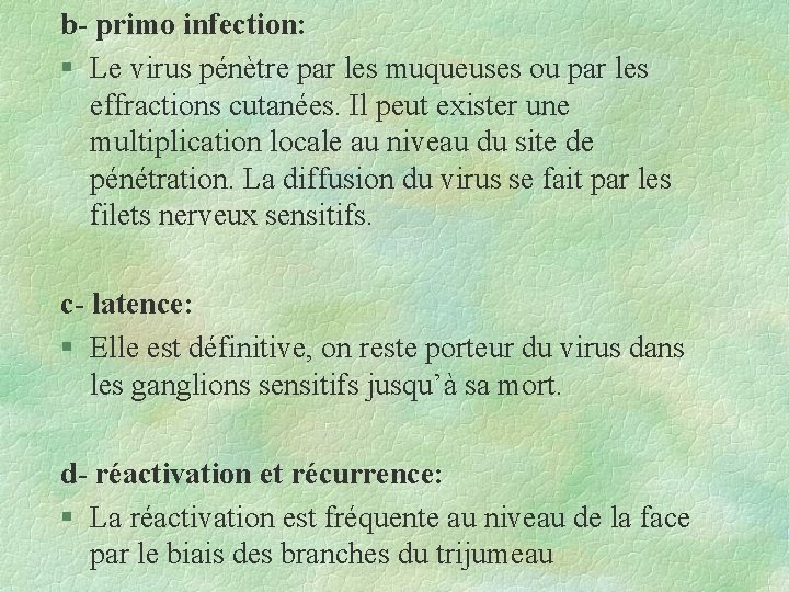 b- primo infection: § Le virus pénètre par les muqueuses ou par les effractions