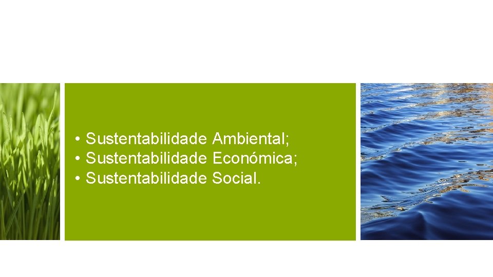  • Sustentabilidade Ambiental; • Sustentabilidade Económica; • Sustentabilidade Social. 