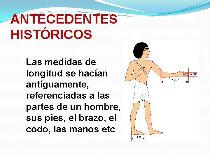 ANTECEDENTES HISTÓRICOS Las medidas de longitud se hacían antíguamente, referenciadas a las partes de