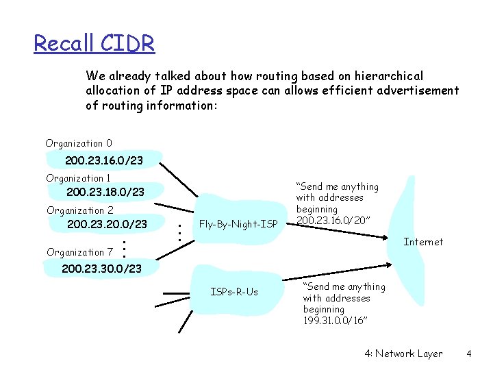 Recall CIDR We already talked about how routing based on hierarchical allocation of IP