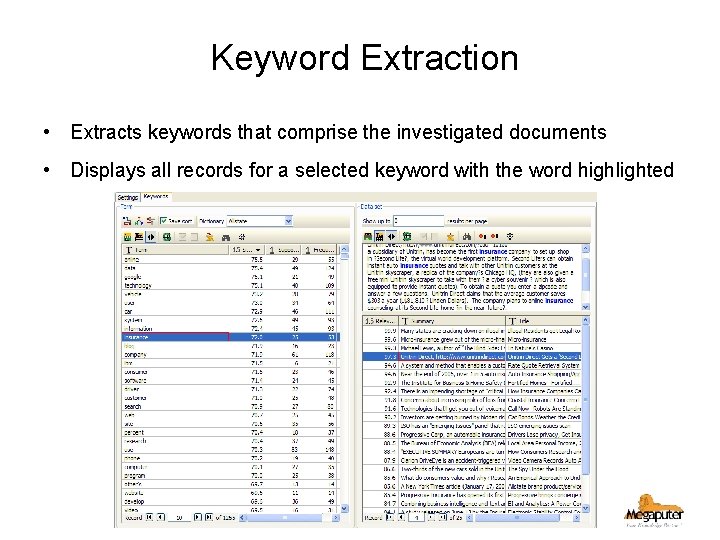 Keyword Extraction • Extracts keywords that comprise the investigated documents • Displays all records