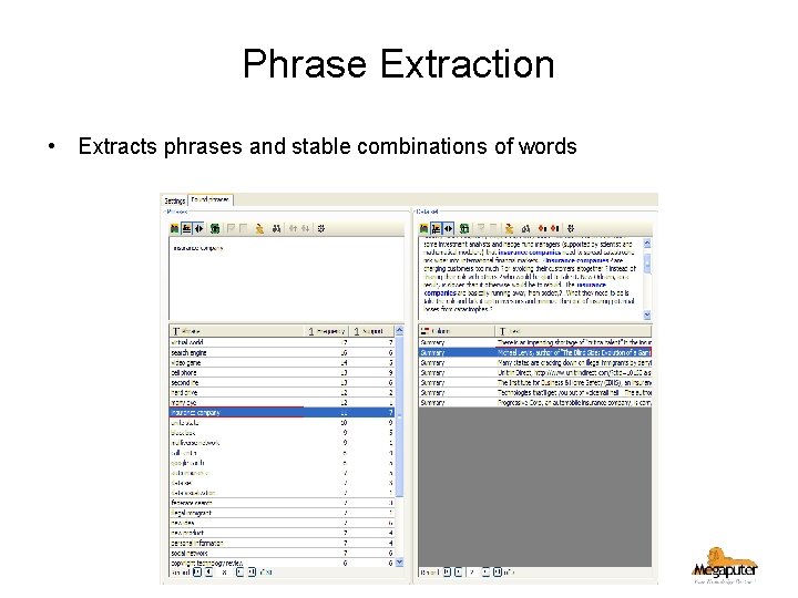 Phrase Extraction • Extracts phrases and stable combinations of words © 2008 Megaputer Intelligence