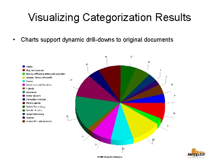Visualizing Categorization Results • Charts support dynamic drill-downs to original documents © 2008 Megaputer