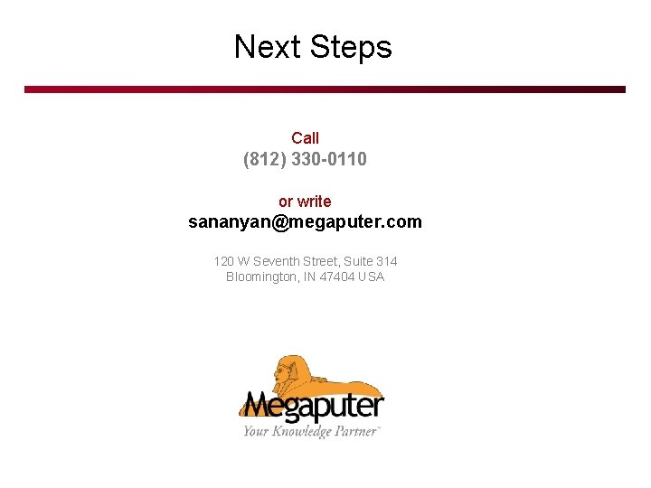 Next Steps Call (812) 330 -0110 or write sananyan@megaputer. com 120 W Seventh Street,