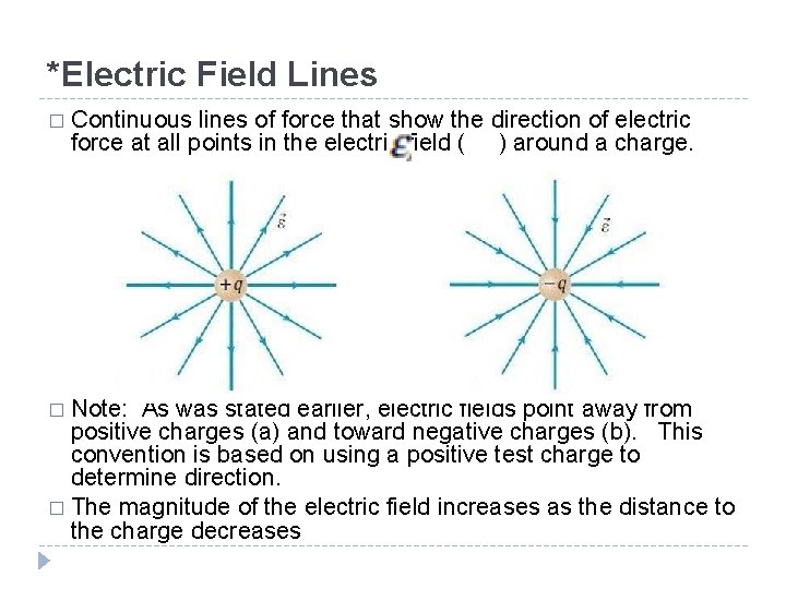 *Electric Field Lines � Continuous lines of force that show the direction of electric