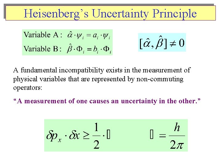 Heisenberg’s Uncertainty Principle A fundamental incompatibility exists in the measurement of physical variables that