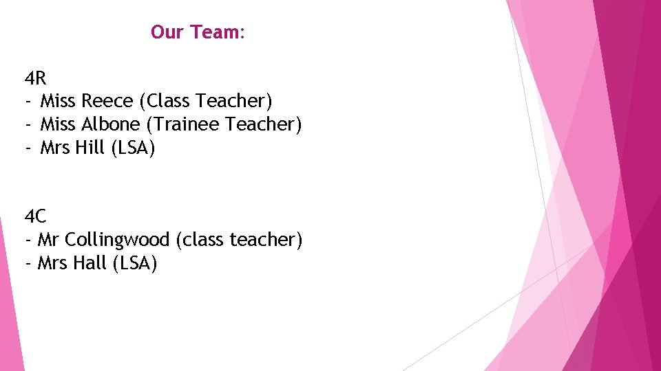 Our Team: 4 R - Miss Reece (Class Teacher) - Miss Albone (Trainee Teacher)