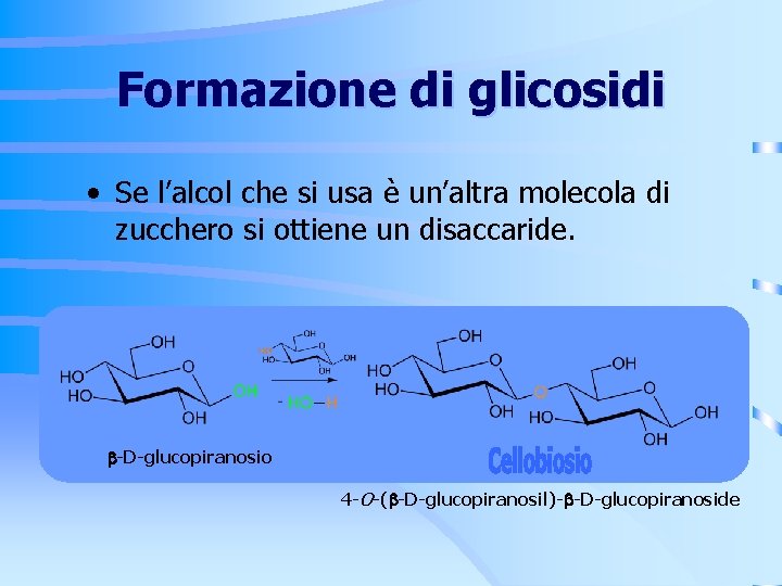 Formazione di glicosidi • Se l’alcol che si usa è un’altra molecola di zucchero Formazione di glicosidi • Se l’alcol che si usa è un’altra molecola di zucchero