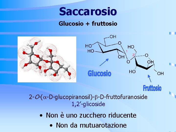 Saccarosio Glucosio + fruttosio 2 -O-( -D-glucopiranosil)- -D-fruttofuranoside 1, 2’-glicoside • Non è uno Saccarosio Glucosio + fruttosio 2 -O-( -D-glucopiranosil)- -D-fruttofuranoside 1, 2’-glicoside • Non è uno