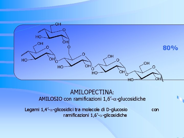 80% AMILOPECTINA: AMILOSIO con ramificazioni 1, 6’- -glucosidiche Legami 1, 4’- -glicosidici tra molecole 80% AMILOPECTINA: AMILOSIO con ramificazioni 1, 6’- -glucosidiche Legami 1, 4’- -glicosidici tra molecole