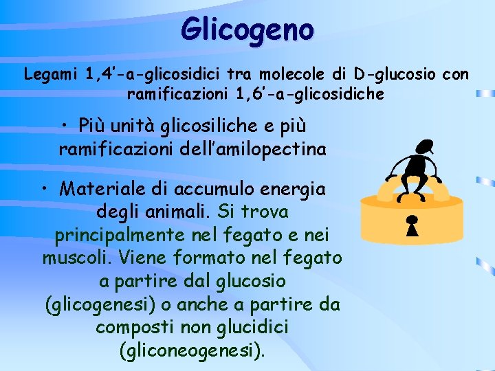 Glicogeno Legami 1, 4’-a-glicosidici tra molecole di D-glucosio con ramificazioni 1, 6’-a-glicosidiche • Più Glicogeno Legami 1, 4’-a-glicosidici tra molecole di D-glucosio con ramificazioni 1, 6’-a-glicosidiche • Più