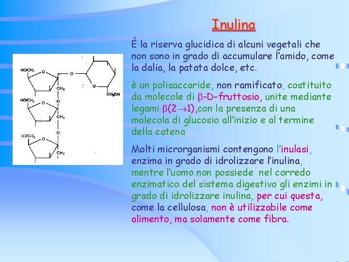 Inulina È la riserva glucidica di alcuni vegetali che non sono in grado di Inulina È la riserva glucidica di alcuni vegetali che non sono in grado di