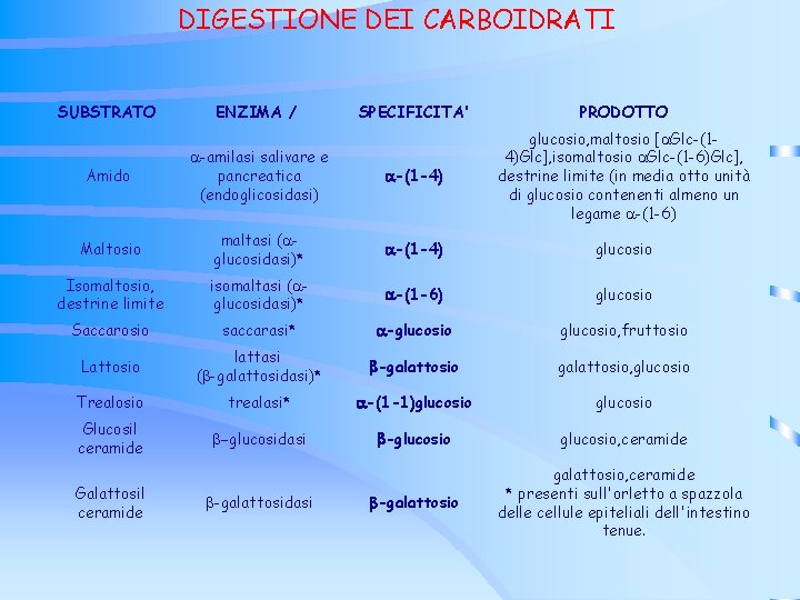DIGESTIONE DEI CARBOIDRATI SUBSTRATO SPECIFICITA' PRODOTTO Amido -amilasi salivare e pancreatica (endoglicosidasi) -(1 -4) DIGESTIONE DEI CARBOIDRATI SUBSTRATO SPECIFICITA' PRODOTTO Amido -amilasi salivare e pancreatica (endoglicosidasi) -(1 -4)