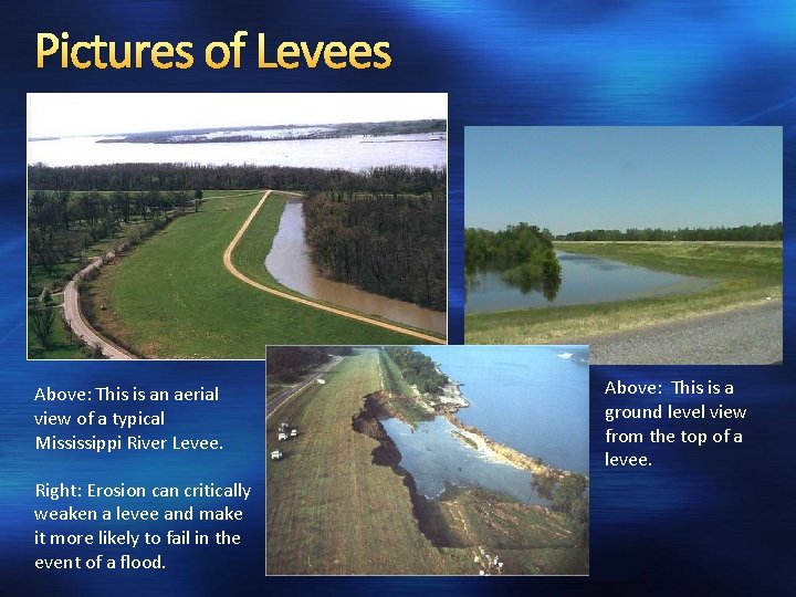 Pictures of Levees Above: This is an aerial view of a typical Mississippi River