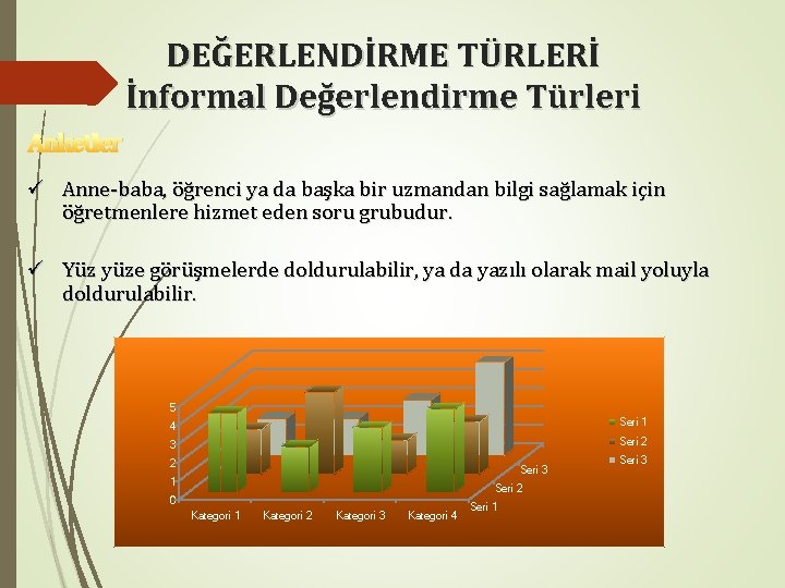 DEĞERLENDİRME TÜRLERİ İnformal Değerlendirme Türleri Anketler ü Anne-baba, öğrenci ya da başka bir uzmandan