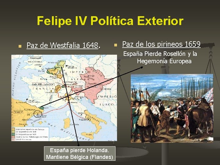 Felipe IV Política Exterior n Paz de Westfalia 1648. España pierde Holanda. Mantiene Bélgica