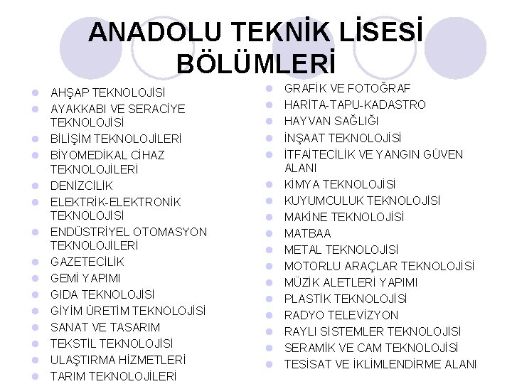 ANADOLU TEKNİK LİSESİ BÖLÜMLERİ l AHŞAP TEKNOLOJİSİ l AYAKKABI VE SERACİYE TEKNOLOJİSİ l BİLİŞİM