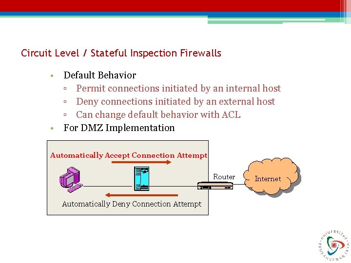 Circuit Level / Stateful Inspection Firewalls • Default Behavior ▫ Permit connections initiated by