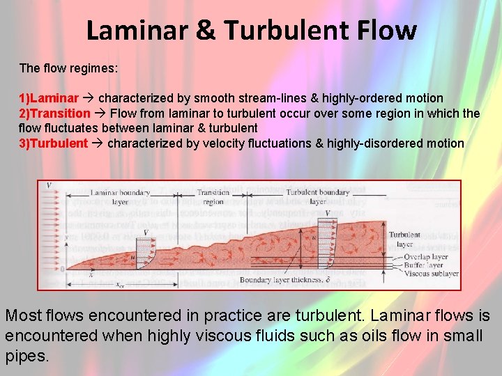 Laminar & Turbulent Flow The flow regimes: 1)Laminar characterized by smooth stream-lines & highly-ordered