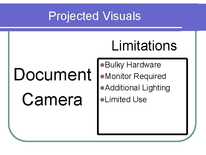 Projected Visuals Limitations Document Camera l. Bulky Hardware l. Monitor Required l. Additional Lighting
