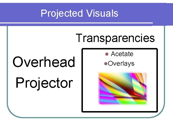 Projected Visuals Transparencies Overhead Projector Acetate l. Overlays l 
