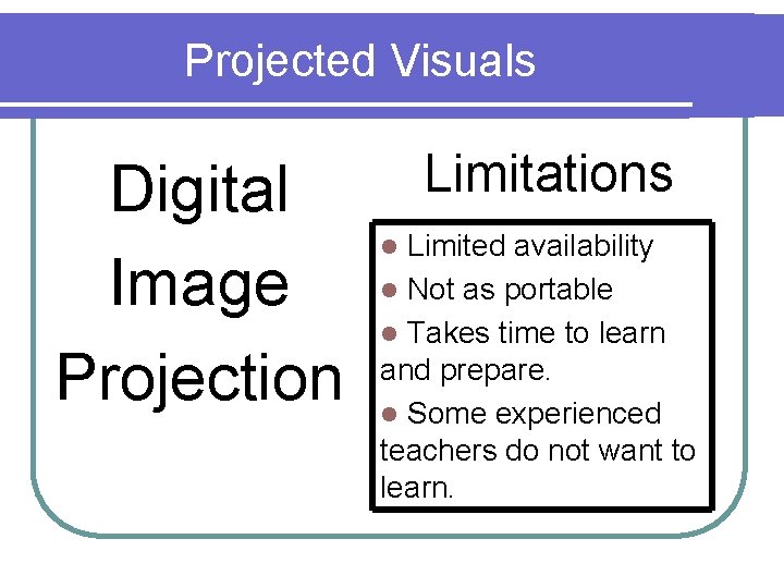 Projected Visuals Digital Image Projection Limitations Limited availability l Not as portable l Takes