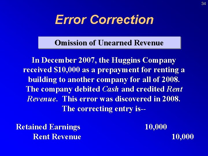 34 Error Correction Omission of Unearned Revenue In December 2007, the Huggins Company received