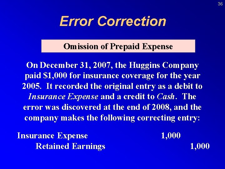 36 Error Correction Omission of Prepaid Expense On December 31, 2007, the Huggins Company