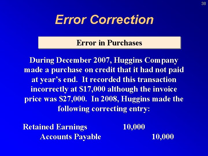 38 Error Correction Error in Purchases During December 2007, Huggins Company made a purchase