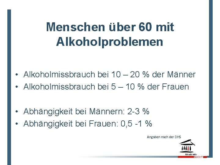 Menschen über 60 mit Alkoholproblemen • Alkoholmissbrauch bei 10 – 20 % der Männer