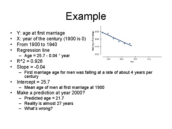 Example • • Y: age at first marriage X: year of the century (1900